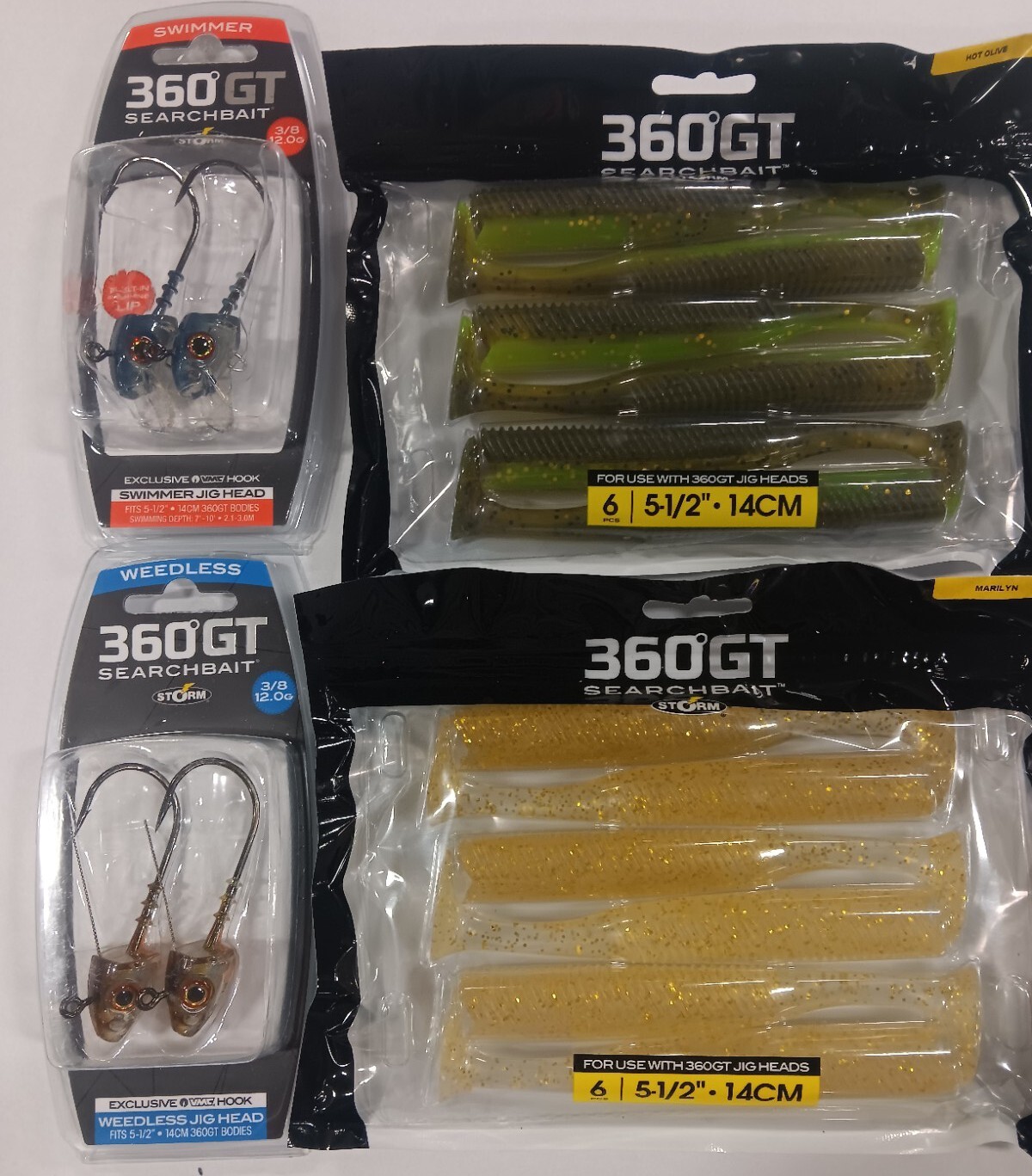 3 Leures Souples Storm 360°GT Searchbait 9cm Hot Olive + Tête Plombée 8.8g