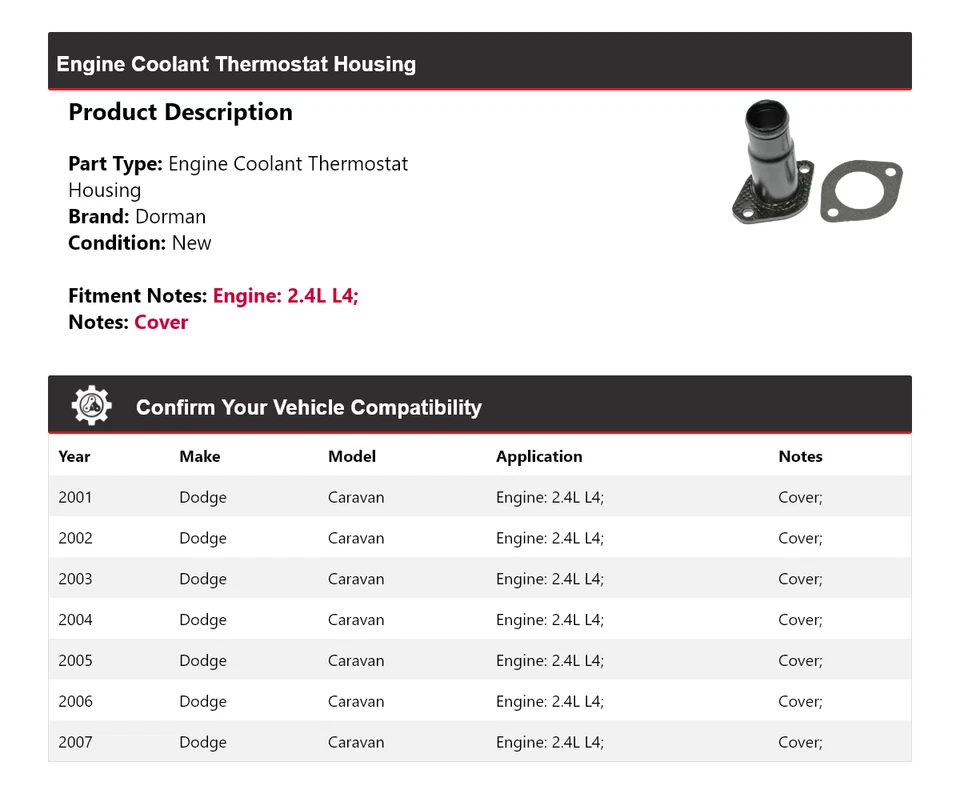 Carcasa termostato refrigerante motor Dorman 2,4 L L4 2001-2007 Dodge Caravan Foto 2 de 4
