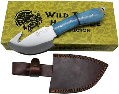 9.25'' Blue Gut Hook Fishing Knife Bone Handle Hunting Fixed Blade with Sheath