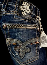  220 Mens Rock Revival Jeans "Callix" Volcano Leather Inserts Straight 34 X 34