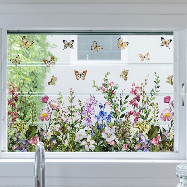 Fenstersticker Fensterfolie Bunte Blumen & Schmetterling Schaufenster Aufkleber-image
