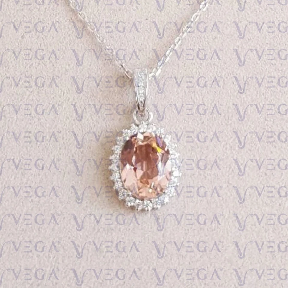Colgante ovalado de morganita natural y diamantes de 5,90 quilates enchapado en oro blanco de 18 k sin cadena Foto 4 de 4