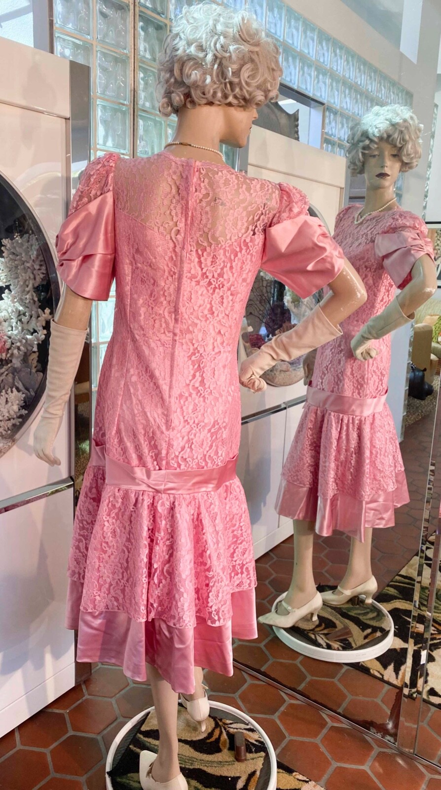 VTG Pink Satin & Lace Flapper Faux Drop waist Dress puff Sleeves size S ...