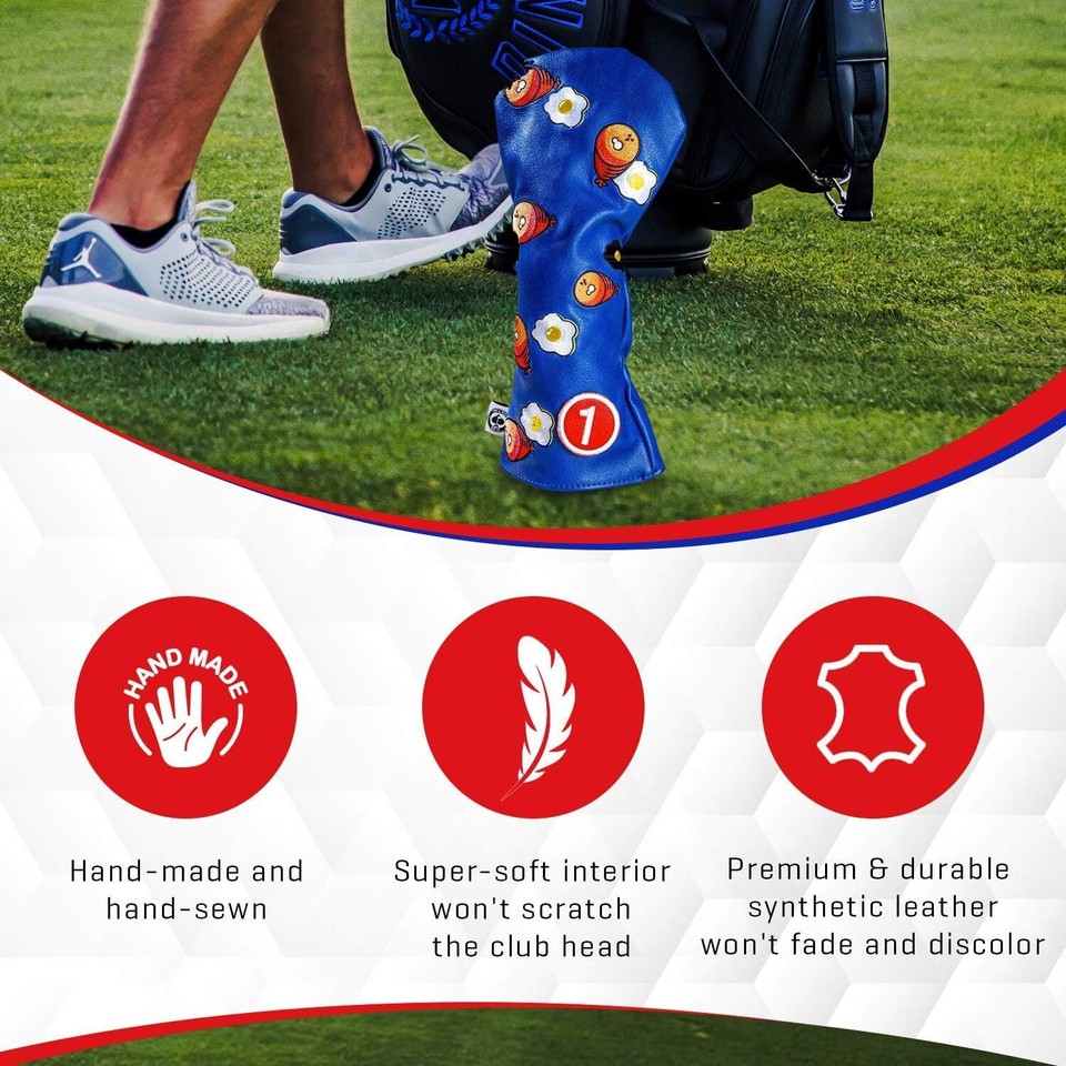 Pins & Aces Golf Co. Ham & Eggs Driver Wood Head Cover Premium, Blue