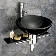 Modern Wall Mount Bathroom Pedestal Vanity Black Glass Bowl Vessel Sink Combo