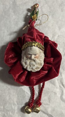 Inarco Porcelain Santa Face Ornament with Velvet Costume and Two Bells