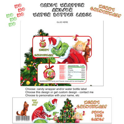 Grinch Candy Wrappers Water Bottle Labels Grinchmas Christmas Holiday Favors