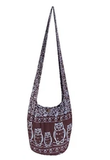 Owl Cross Body Bag Zip Hippie Boho Cotton Crossbody Sling Purse for Women