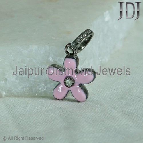 925 Sterling Silver Natural Pave Diamond Flower Shape Enamel Pendant Jewelry - Picture 7 of 10