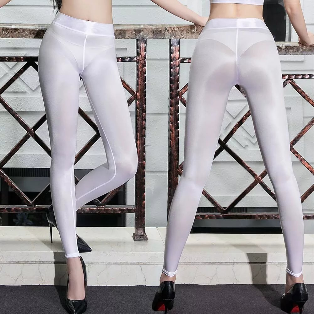 UK Women Sheer Shiny Leggings Transparent See-Through Nylon Pants Trousers