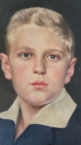 Antique 1928 Max Spilhaczek Art Portrait Oil Painting on Board Young Boy 13"x17" - Picture 3 of 11