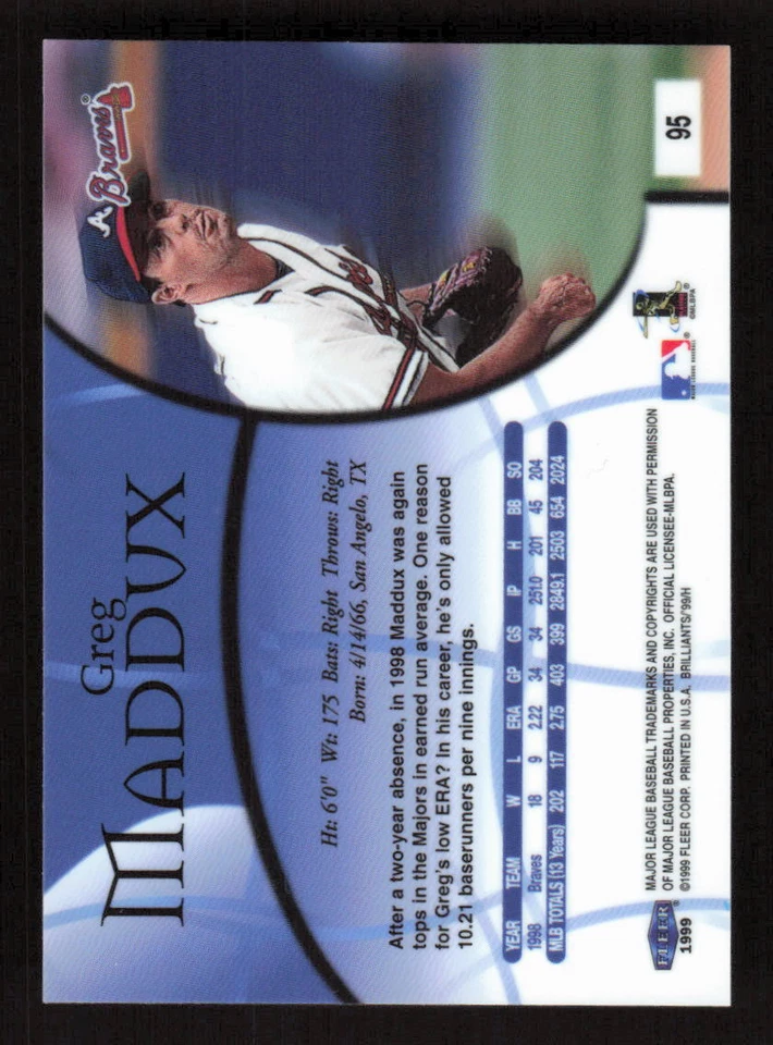 1999 Fleer Brilliants  #95 Greg Maddux Atlanta Braves - Image 2 of 2