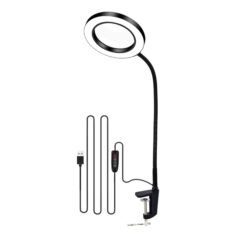5X Glass Table Clamp Magnifier with LED Light Flexible Desk Lamp for