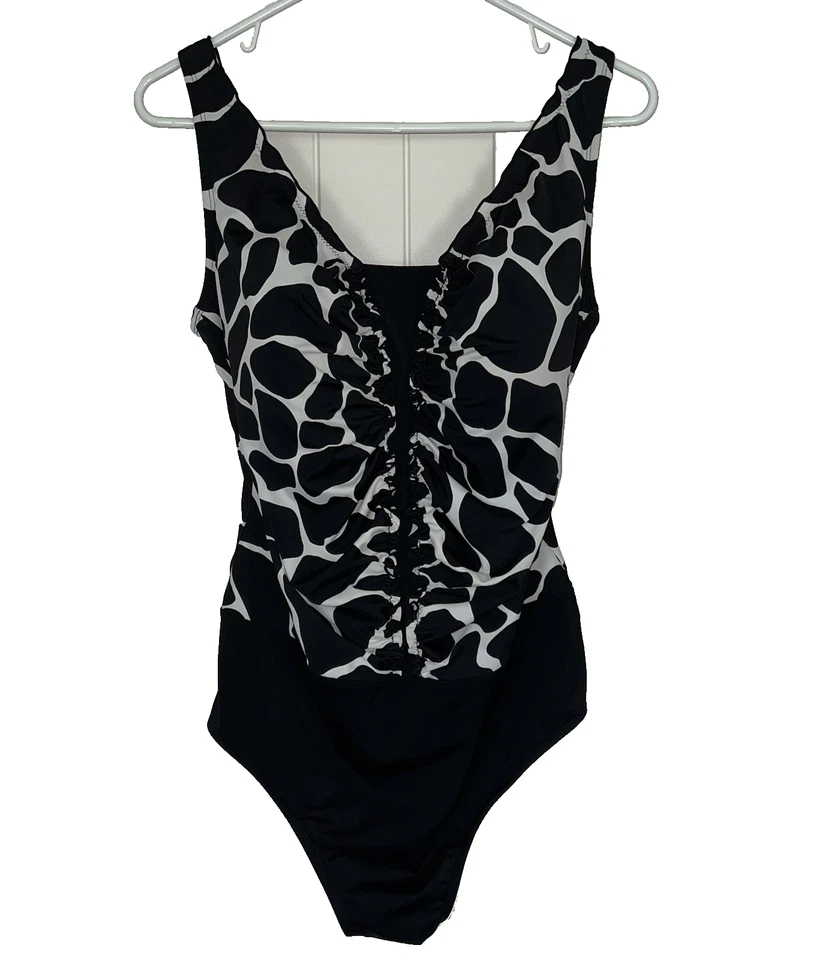 Longitude One Piece Swimsuit Black White Animal Print Tummy Control Plus 20W - Image 4 of 4