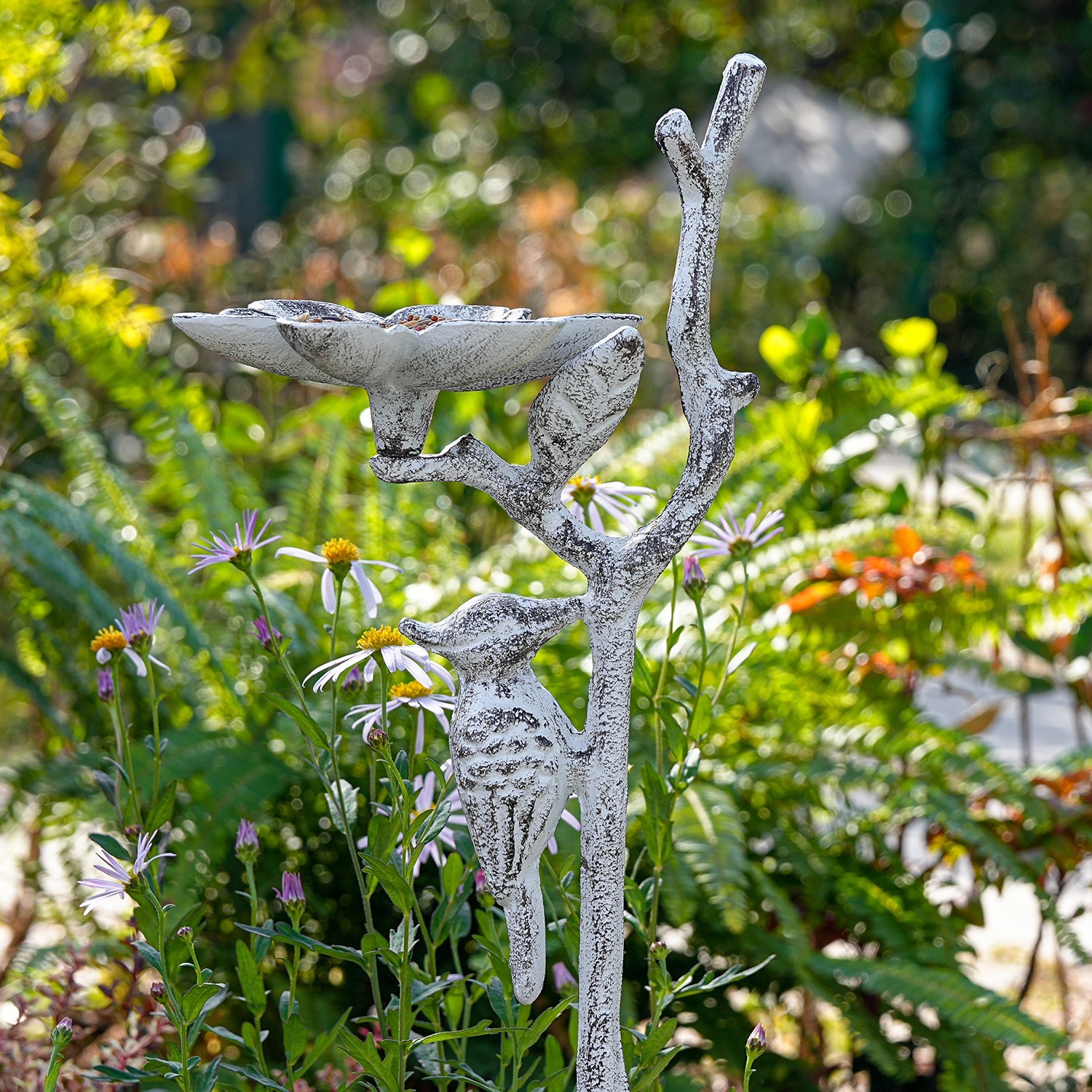 Sungmor Vintage Cast Iron Bird & Flower Garden Stake Decorative Yard Bird Feeder