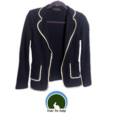 ST JOHN Navy White Trim Wool Blend Open Blazer Jacket Size 2 E1