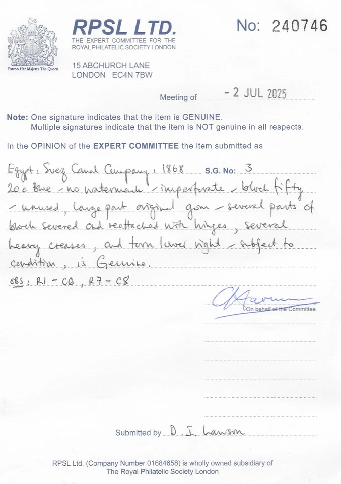 EGIPTO, SUEZ CANAL COMPANY 1868 (GENUINO) 20c AZUL, BLOQUE MNH. VER CERTIFICADO. (E320) Foto 2 de 4