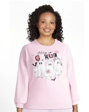 WOUND UP Womens Sweatshirt Size Small 4-6 HEY GHOULS EMBOSSED Front Pink New
