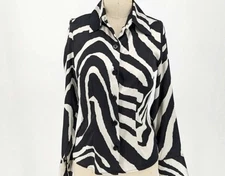 Sergio Hudson Blouse Zebra Satin Button Front Long Sleeve Black And White  XS