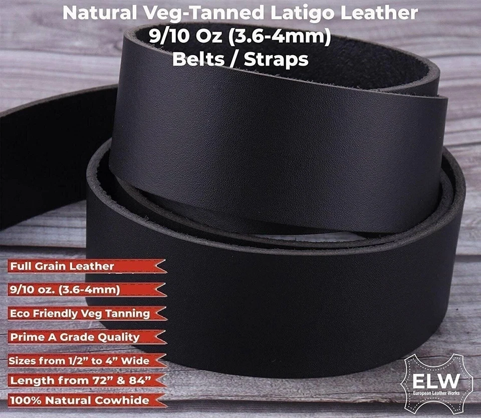 ELW Black Latigo Leather 9-10oz (3.6-4mm) Straps, Belts, Strips 72" & 84" Length - Image 2 of 4