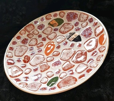Vintage MID-CENTURY MCM DECOR Mosaic COBBLESTONE LEAF Orange Grn Blck PLATE DISH