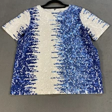 Joan Vass Women's White & Blue Sequins Short Sleeves Top, Back Zipper, Size M