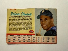 1962 Post Cereal Baseball Roberto Clemente Pittsburgh Pirates #173 Poor