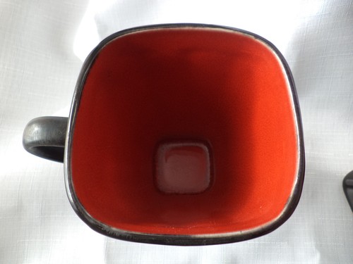 BLACK Large COFFEE Pedestal MUGS RED GLAZED INSIDE unique - Picture 7 of 10