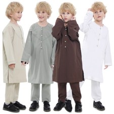 Arab Boys Kids Tops Pants Set Muslim Thobe Thoub Jubba Robe Islamic Dress Abaya