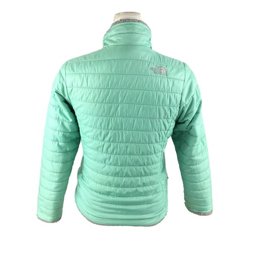 The North Face Girls Sherpa Reversible Puffer Zip Jacket Large Green Gray Fuzzy - Picture 7 of 12