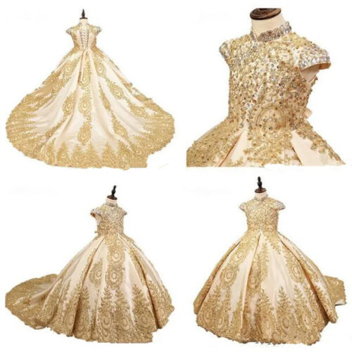 Perlen Blumenmädchen Kleider Hochzeit Lang Festzug Kleid Kind Ärmellos Spitzenkleider - Bild 4 von 32