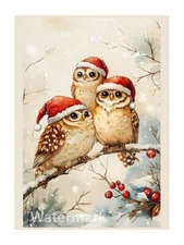 Primitive Christmas Owls Cotton Fabric Quilt Block Quilting, Sewing, Crafting