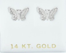 BUTTERFLY STUD EARRINGS 14K SOLID WHITE GOLD - MADE IN USA - New With Tag