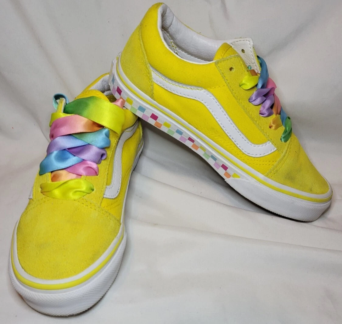 Girl&#039;s Old Skool Yellow Rainbow Check Ribbon Sneakers Size | eBay