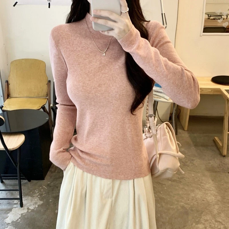 Retro half turtleneck short base layer top suitable fitting long-sleeved T-shirt