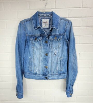 Thrashed Distressed Faded Blue Denim Jean Jacket Size S MUDD