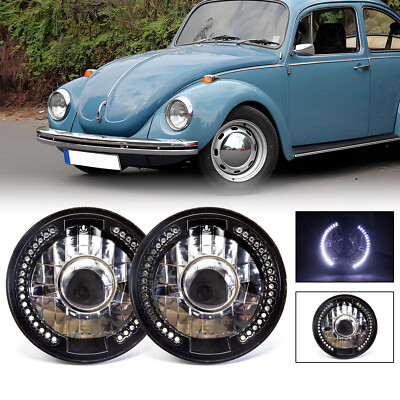 Pair 7'' Inch Round LED Headlights White Halo DRL For VW Beetle 1950-1979