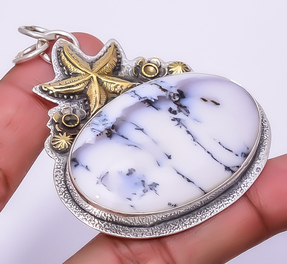Merlinite Dendritic Opal -Brazil 925 Silver Star Fish Pendant 2.34