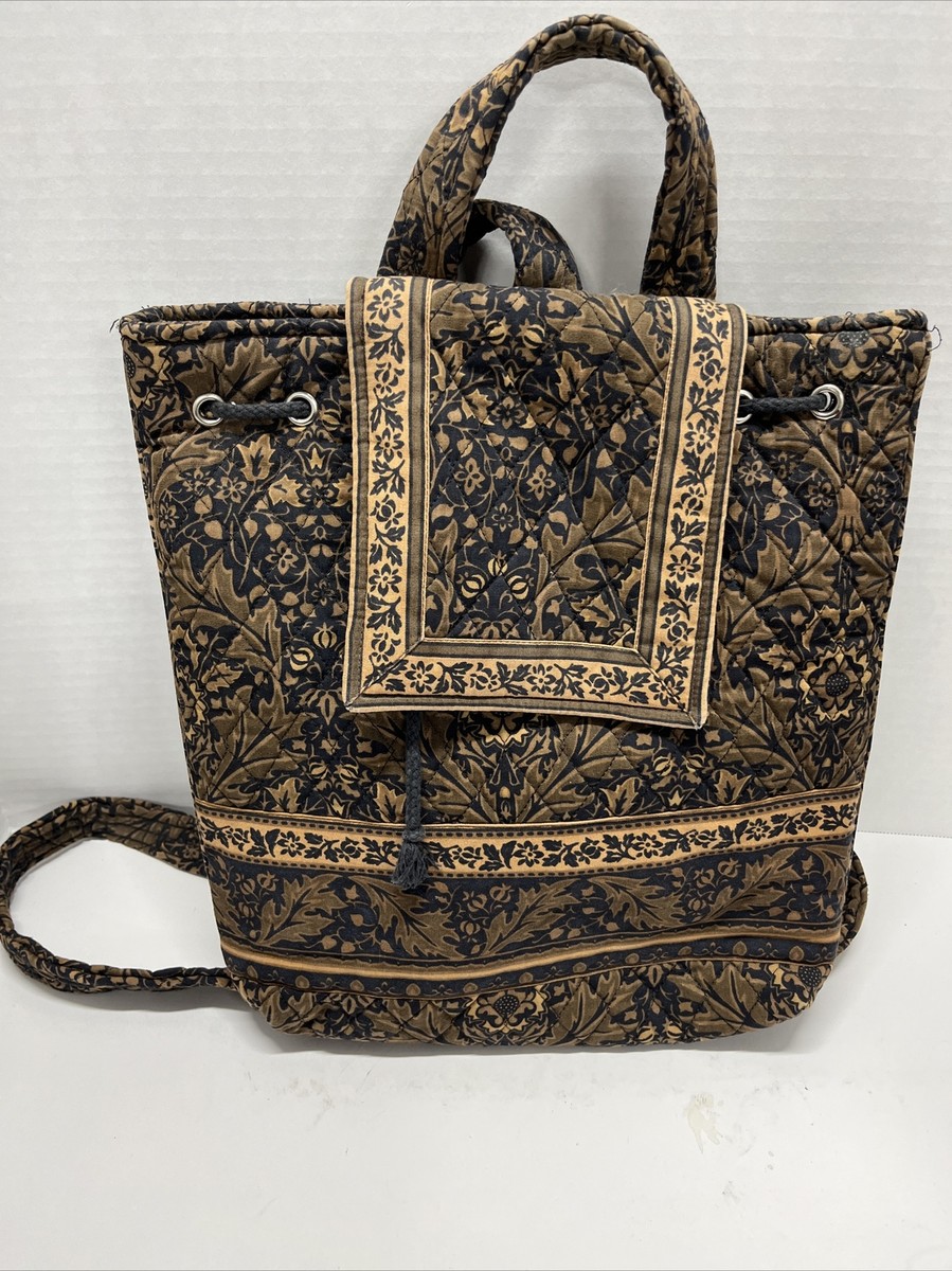 QK Quilted Backpack Purse Tote Hand Bag Black & Brown Leaf