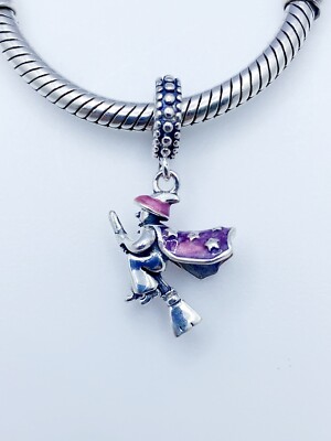 Hexe auf Besen Dangle Charm Anhänger Magie Echt 925 Sterling Silber  