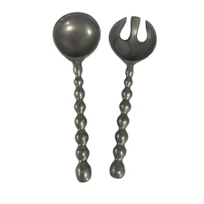 Retro Metal Pewter Salad Servers Serving Utensils Set MCM Rustic Grey Gray