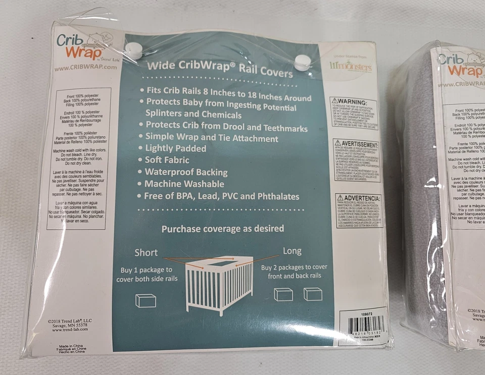 Envoltura de cuna 1 largo ancho y 2 rieles cortos anchos 8"-18" cubierta cuna acolchada cama de bebé gris Foto 4 de 4