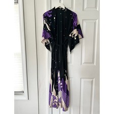 Hanae Mori for Sandcastles Vintage Satin Asian Kimono Slinky Robe Black Purple M