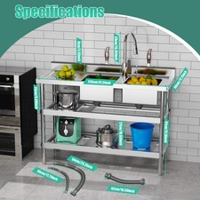 3 Tier Commercial Restaurant Sink Stainless Steel kitchen Sink W/Faucet 2 Sinks