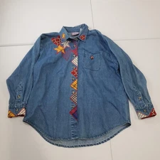 Premier International Denim Shirt Womens Large Blue Patchwork Hearts Stars