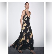 Zara ZW Collection Midi Dress S Black Orange Floral V-Neck NWT