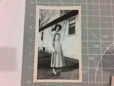 Young Woman 1950s Snapshot Photograph Full Length Portrait Dress Gloves