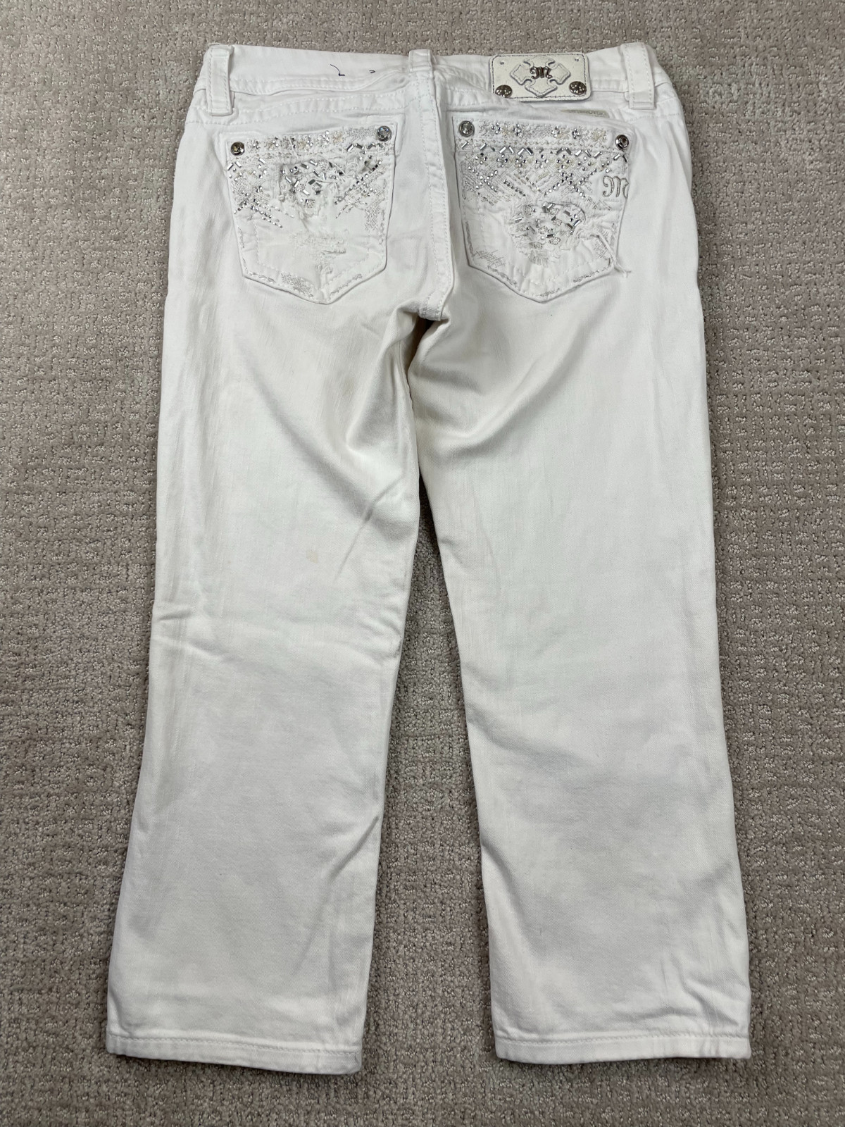 Miss Me Jeans Womens 27 Mid Rise Easy Crop White Denim Thick Stitch Rhinestone