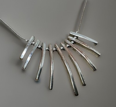 Handmade Graduated 2-Sided CURVED BARS Mini-BIB SterlingPl Copper Necklace 13.5g