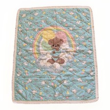 VTG Precious Moments Pastel Rainbow Cute Teddy Bear Crib Quilt Baby Blanket 80s